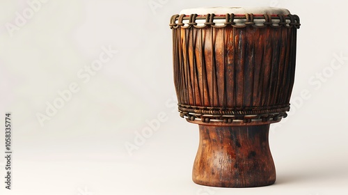 A traditional wooden drum with taut skin and fine wood detailing, standing out sharply on a plain white background.