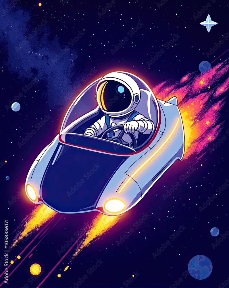 Cartoon illustration of a man space astronaut flying on a spaceship ...