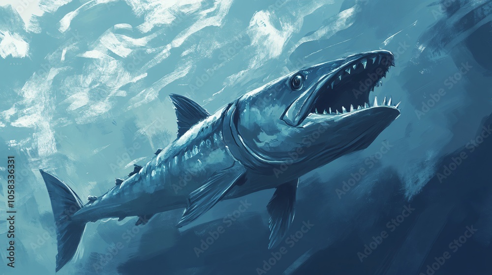 Fototapeta premium Barracuda with Open Mouth in Blue Water