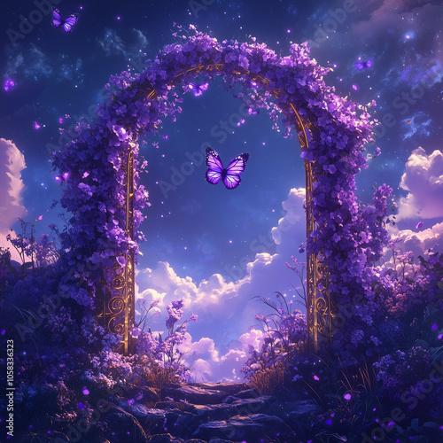 Enchanting Floral Arch with Purple Butterflies Under a Starry Night Sky, Mystical Garden Gateway to a Fantasy World
