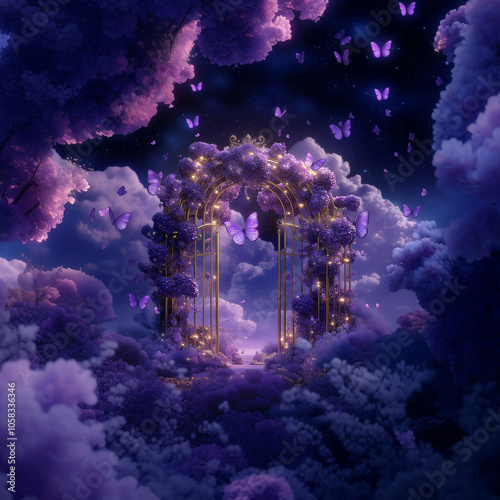 Mystical Garden Gateway to a Fantasy World, Enchanting Floral Arch with Purple Butterflies Under a Starry Night Sky