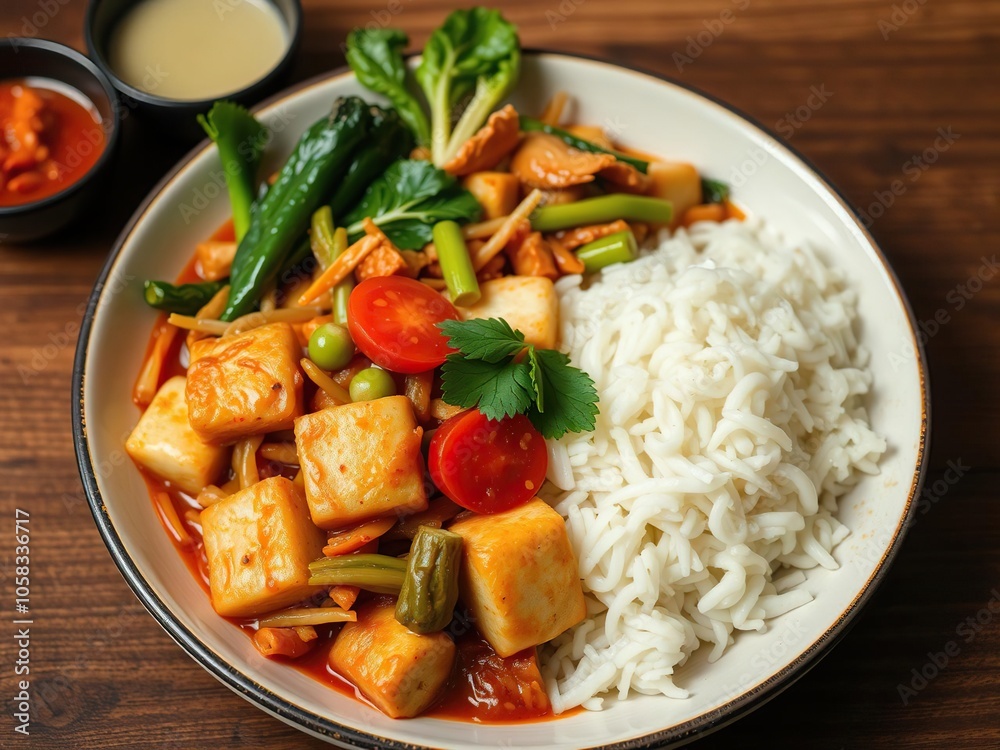 Stir fried Chinese economic rice noodle in a savory sauce with assorted vegetables and tofu, Chinese, dish