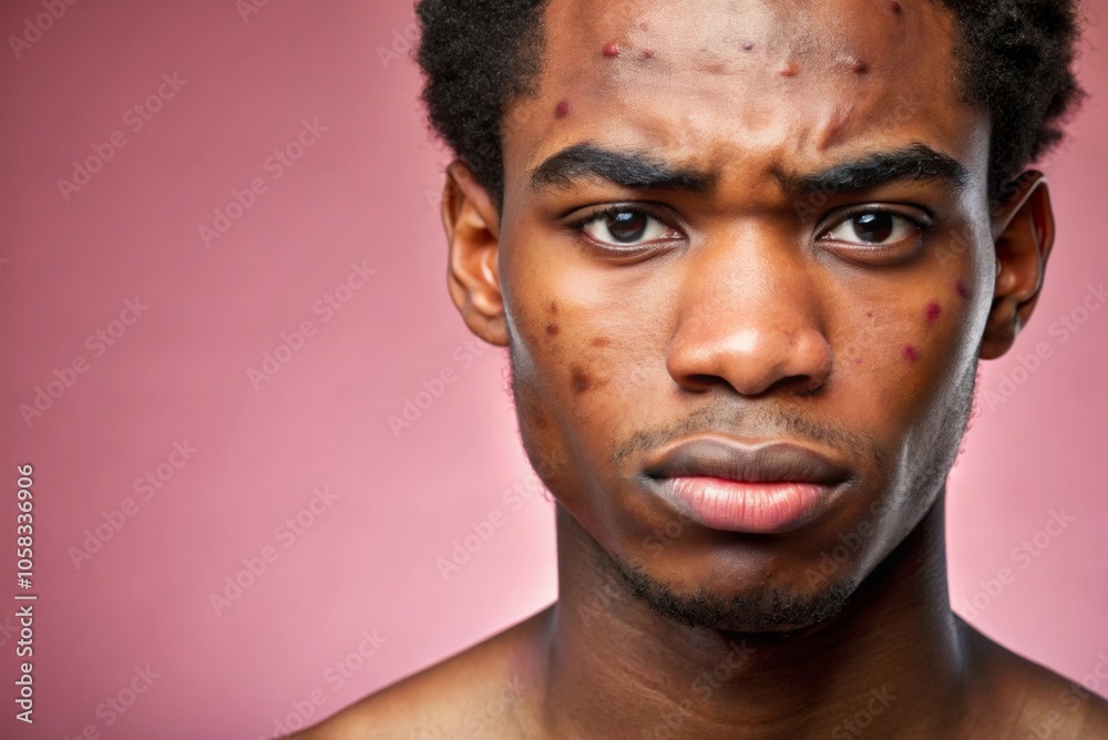 Obraz premium Close up photo of young african american man worried about skin problems. Suffering from the skin disease, acne scars, rosacea in the acute stage. Wide banner with copy space, simple pink background