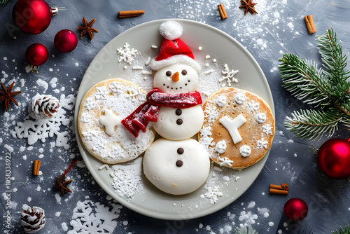 Winter desert, sweet christmas snowman pancakes with sugar frosting. High quality photo photo