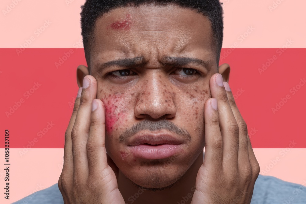 Obraz premium Close up photo of young african american man worried about skin problems. Suffering from the skin disease, acne scars, rosacea in the acute stage. Wide banner with copy space, simple pink background