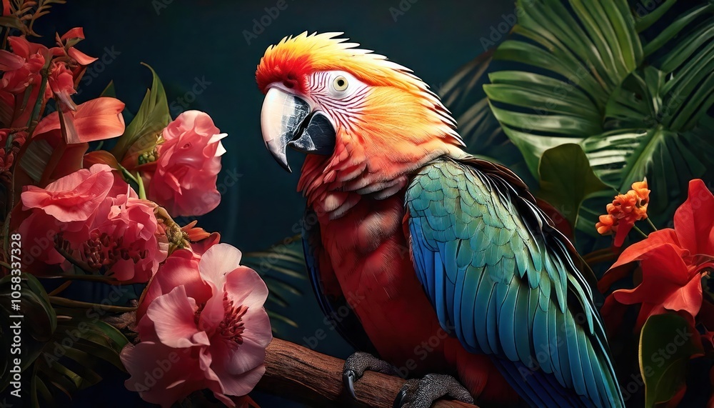 Fototapeta premium Cute funny cartoon parrot tropical leaves, flowers 