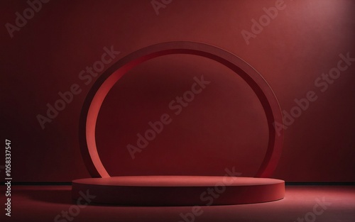 Red podium 3D illustration on room background red gradient color display advertising display with blank backdrop
 photo