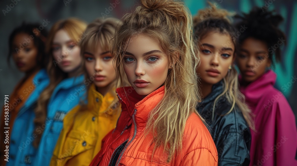 Group of stylish young women posing in front of a wall Group of stylish young women posing in front of a wall