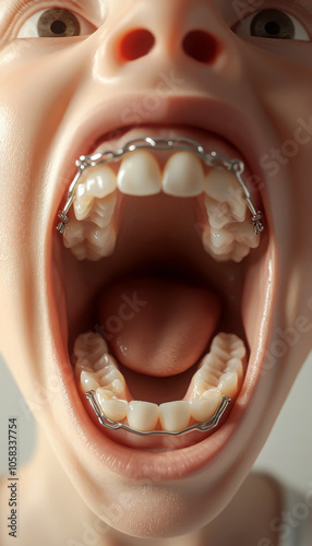 Mouth wide open, teeth and braces visible, isolated background