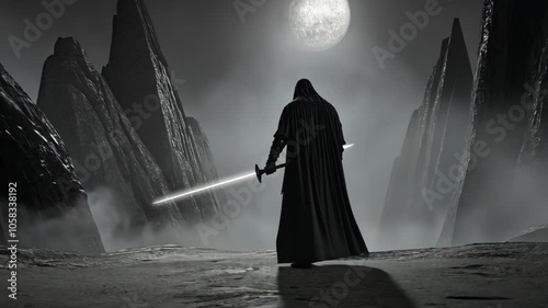 A dark figure stands with a lightsaber in a mountainous landscape beneath a full moon
