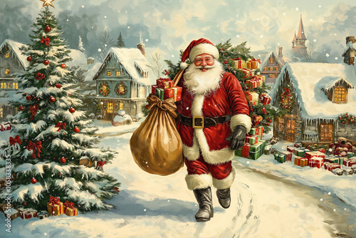 Festive illustration of a happy Santa Claus, carrying his huge bag of gifts, is walking next to the Christmas tree in front of an old wooden house.

