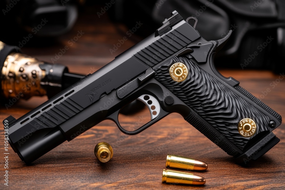 Obraz premium Detailed view of a modern handgun on a wooden table with ammunition and cleaning tools, capturing the meticulous maintenance and care in gun ownership, symbolizing precision and responsibility