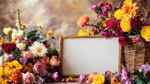 A vibrant arrangement of flowers beside an empty frame, ideal for personalization.