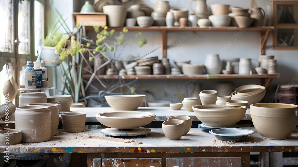 Serene Pottery Studio with Clay and Wheels Serene Pottery Studio with Clay and Wheels