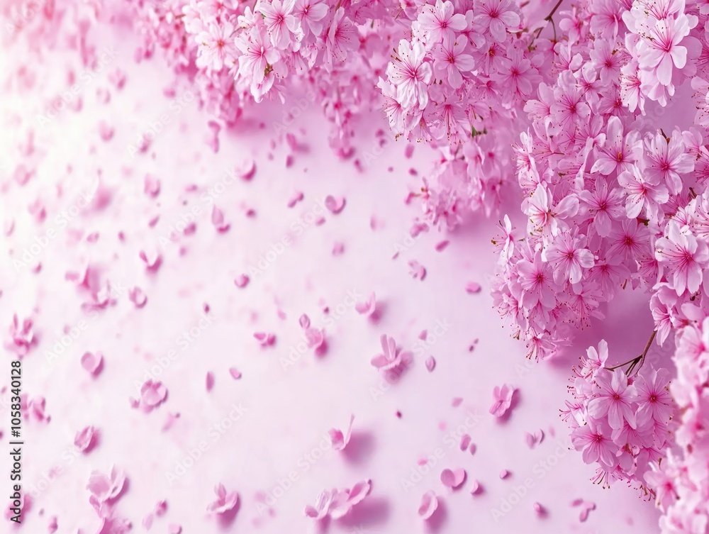 A serene arrangement of pink cherry blossoms and petals on a soft pink background. A serene arrangement of pink cherry blossoms and petals on a soft pink background.