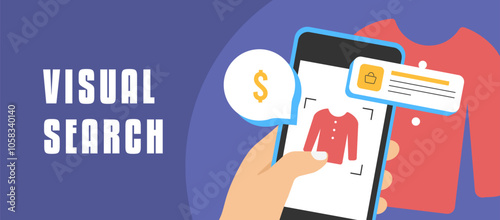 Visual search optimization for eCommerce banner, featuring technology that enhances product discovery. User takes product photo for fast search results. Perfect for boosting eCommerce visibility