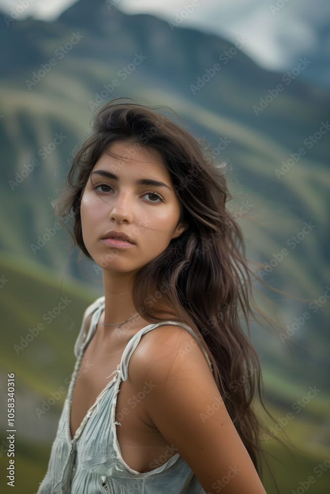 Portrait of young woman against mountains. High quality photo Portrait of young woman against mountains. High quality photo
