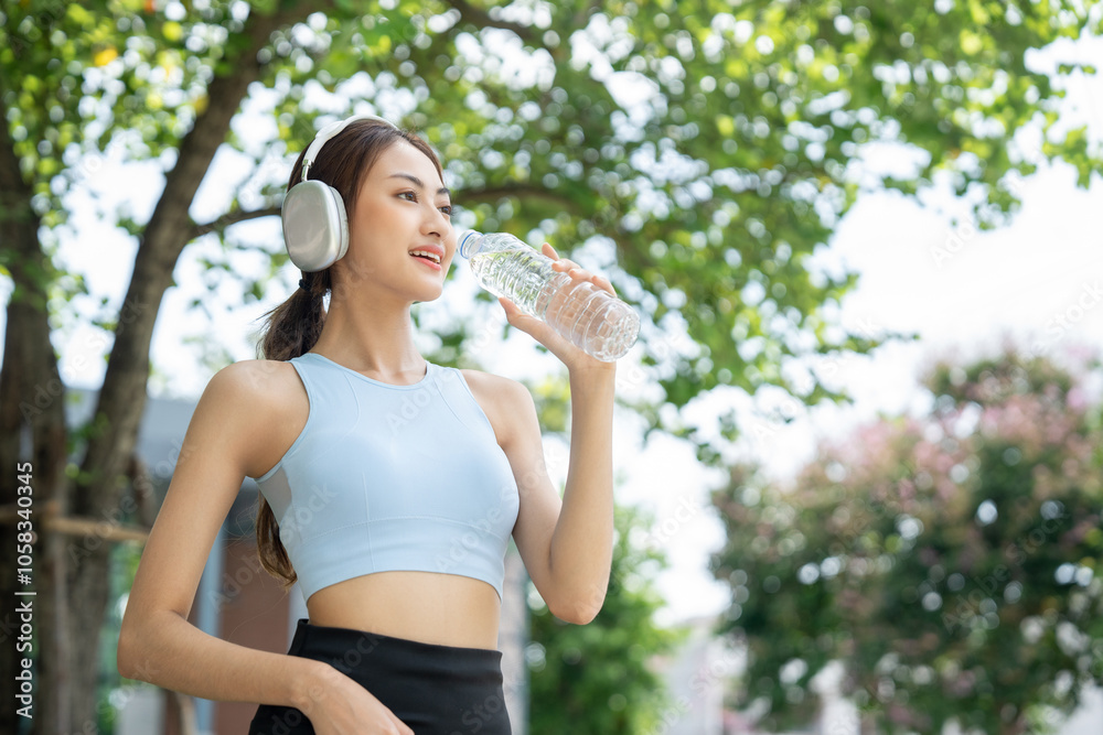 Happy slim woman drinking water after workout exercising in the city at sunrise. Young beautiful asian drinking water after jogging running outdoor. Healthy and active lifestyle concept. Happy slim woman drinking water after workout exercising in the city at sunrise. Young beautiful asian drinking water after jogging running outdoor. Healthy and active lifestyle concept.