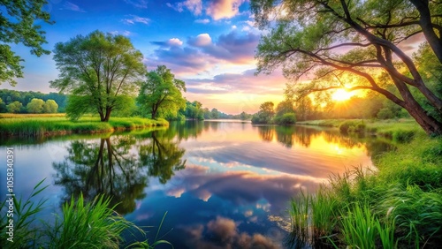 Nature-inspired colors blending together in a serene landscape, nature, harmony, music