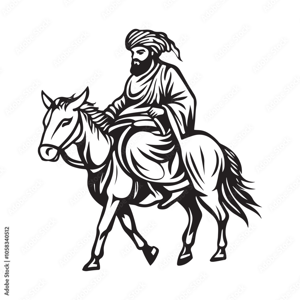Man in Turban Riding Donkey Black and White Vector Illustration with Bold Detailed Lines Man in Turban Riding Donkey Black and White Vector Illustration with Bold Detailed Lines