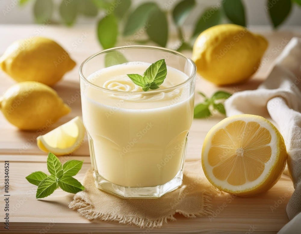 Lemon smoothie on a light wooden table with minimal decor Lemon smoothie on a light wooden table with minimal decor