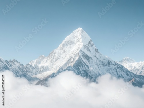 Majestic snow covered mountain peak above cloudline against clear blue sky photo