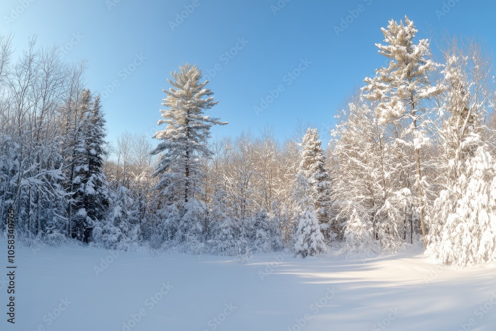 Serene winter landscape with snow-covered trees and clear blue sky Serene winter landscape with snow-covered trees and clear blue sky
