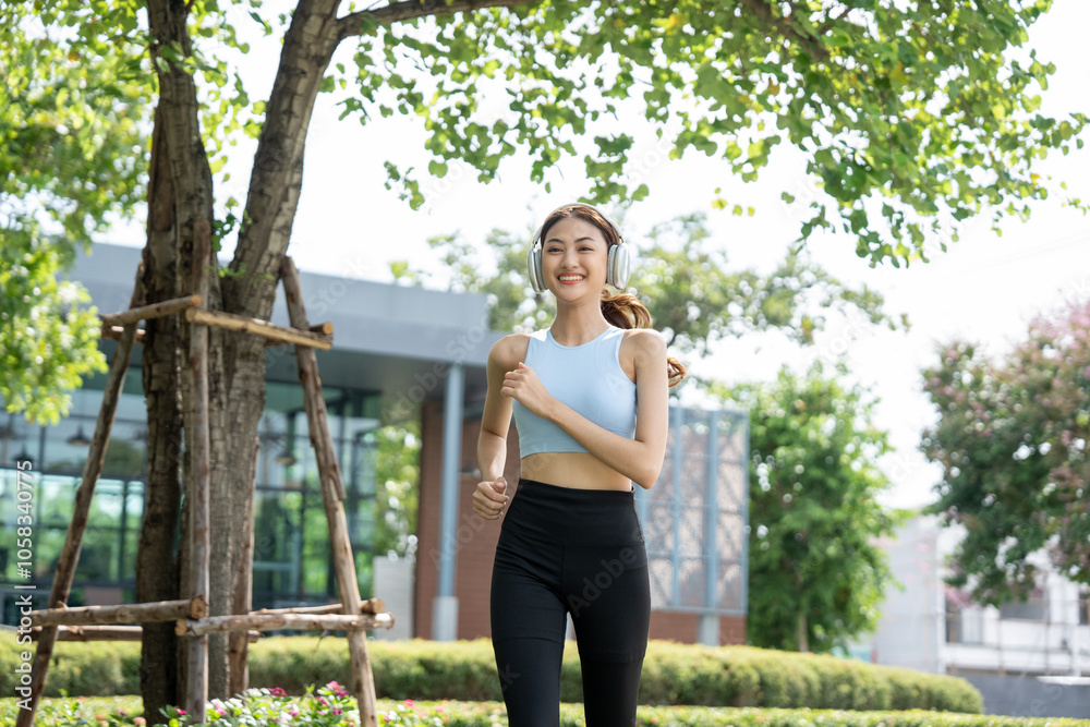 Happy slim beautiful woman wearing sportswear jogging in the park with sunrise. Young beautiful asian female in sportswear running outdoor. Workout exercise in the morning listen music with headphone Happy slim beautiful woman wearing sportswear jogging in the park with sunrise. Young beautiful asian female in sportswear running outdoor. Workout exercise in the morning listen music with headphone