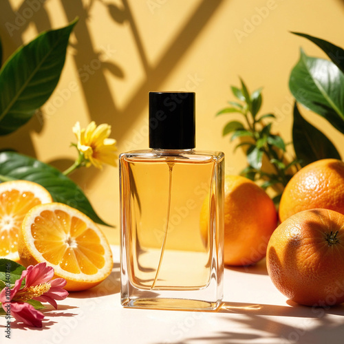 Fresh citrus perfume shot on sunny day.