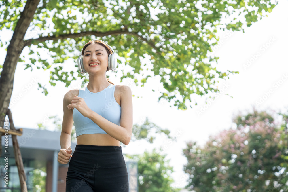 Happy slim beautiful woman wearing sportswear jogging in the park with sunrise. Young beautiful asian female in sportswear running outdoor. Workout exercise in the morning listen music with headphone Happy slim beautiful woman wearing sportswear jogging in the park with sunrise. Young beautiful asian female in sportswear running outdoor. Workout exercise in the morning listen music with headphone