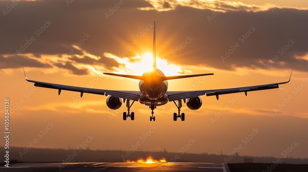 Aircraft taking off at sunset, dynamic perspective, sun flaring through the clouds, golden light reflecting off the wings, freedom and adventure Aircraft taking off at sunset, dynamic perspective, sun flaring through the clouds, golden light reflecting off the wings, freedom and adventure