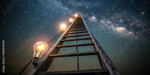 Ascending Towards the Cosmic Tapestry, a Wooden Ladder Lit by Glowing Bulbs, Under a Starry Night Sky