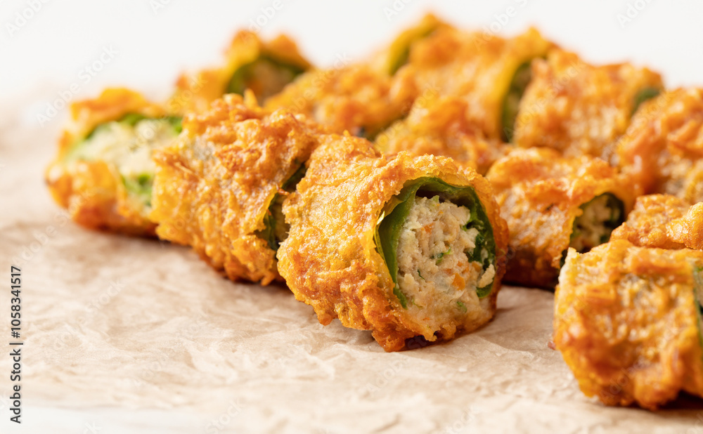 Close-up of minced meat and vegetables with fried chili pepper stuffing Close-up of minced meat and vegetables with fried chili pepper stuffing