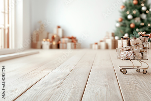  shopping cart with Christmas gifts on the background of an empty room with a blurred Christmas tree and decorations. photo