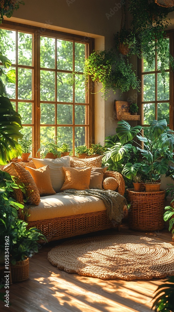 A cozy, plant-filled living space with sunlight streaming through large windows. A cozy, plant-filled living space with sunlight streaming through large windows.
