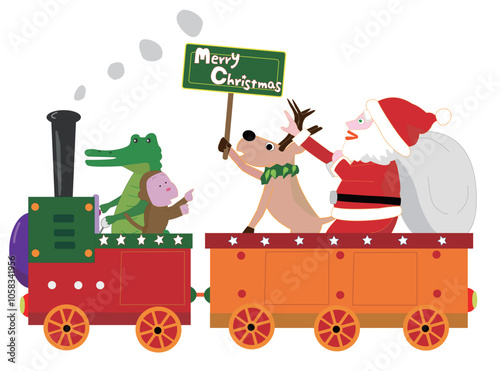 クリスマスの日にサンタクロースとトナカイが、蒸気機関車に乗ってプレゼントを運んでいる。
