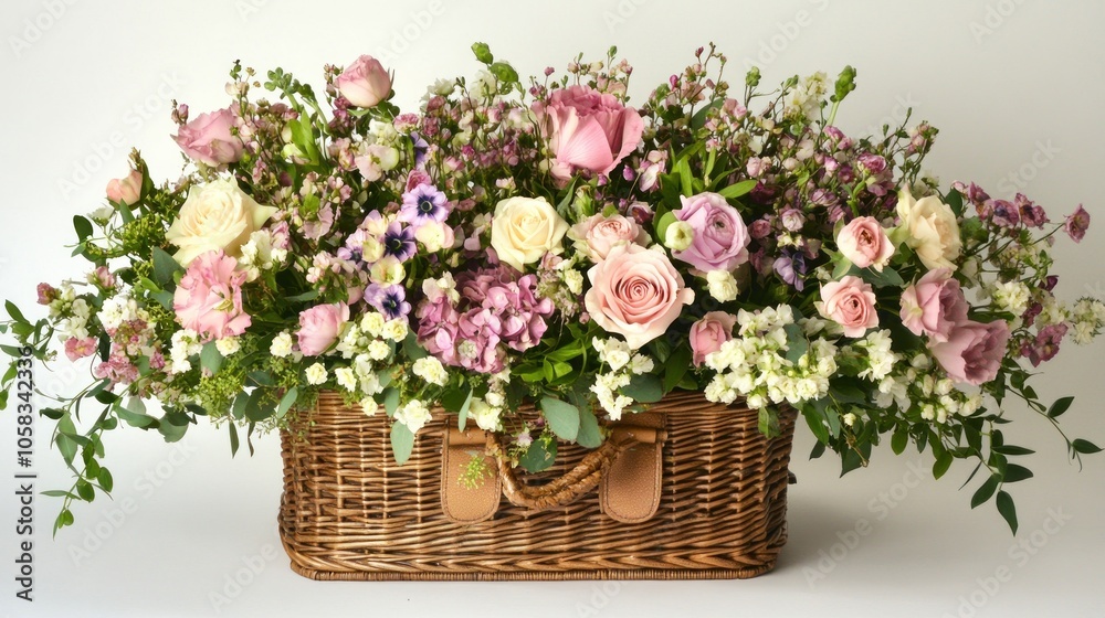 A beautifully arranged floral bouquet in a wicker basket, perfect for decoration or gifts. A beautifully arranged floral bouquet in a wicker basket, perfect for decoration or gifts.