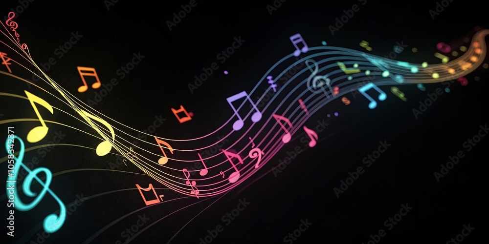 A vibrant melody of musical notes, swirling and dancing in a wave of color on a black background. A vibrant melody of musical notes, swirling and dancing in a wave of color on a black background.