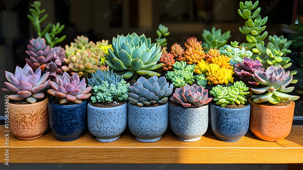 An Assortment of Potted Succulents on a Shelf Bathed in Natural Light for a Serene Home Atmosphere
An Assortment of Potted Succulents on a Shelf Bathed in Natural Light for a Serene Home Atmosphere