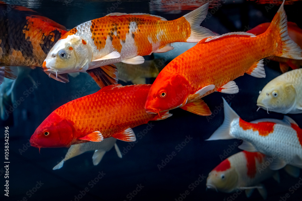 Koi fish -Koi fish with brilliant colors are swimming happily in the clear lake. Koi fish are not only beautiful ornamental fish but also have deep fe Koi fish -Koi fish with brilliant colors are swimming happily in the clear lake. Koi fish are not only beautiful ornamental fish but also have deep fe
