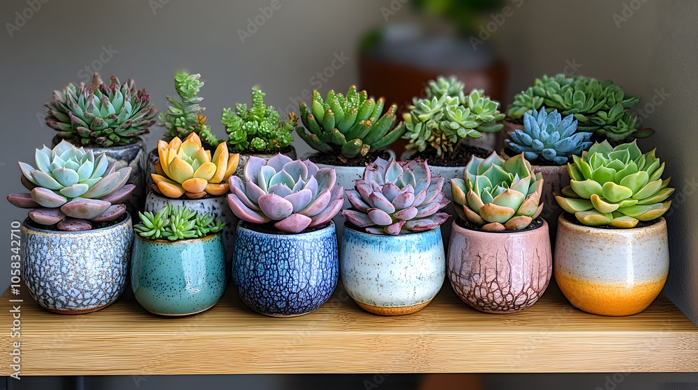 An Assortment of Potted Succulents on a Shelf Bathed in Natural Light for a Serene Home Atmosphere
An Assortment of Potted Succulents on a Shelf Bathed in Natural Light for a Serene Home Atmosphere