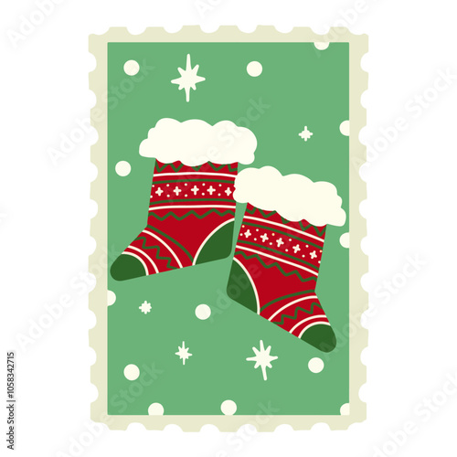 Hand drawn Christmas Stamp Cute red green Sock for decoration elements