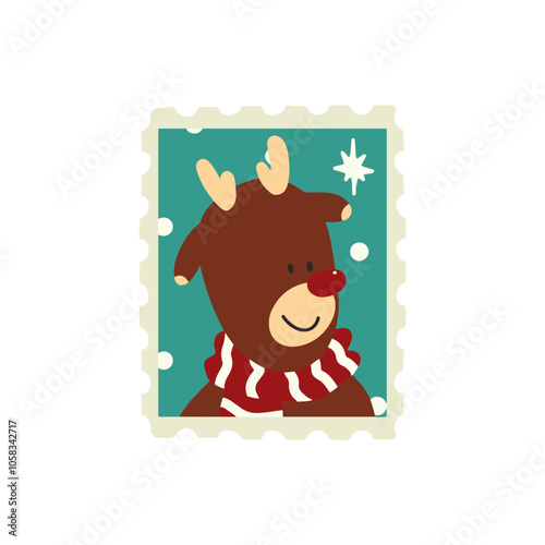 Hand drawn Christmas Stamp Rudolf reindeer with red and white scarf for decoration elements