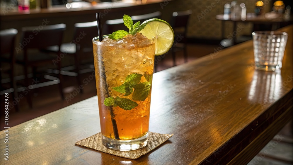 A refreshing iced beverage with lime and mint garnishes, resting on a wooden surface in a dimly lit establishment. A refreshing iced beverage with lime and mint garnishes, resting on a wooden surface in a dimly lit establishment.
