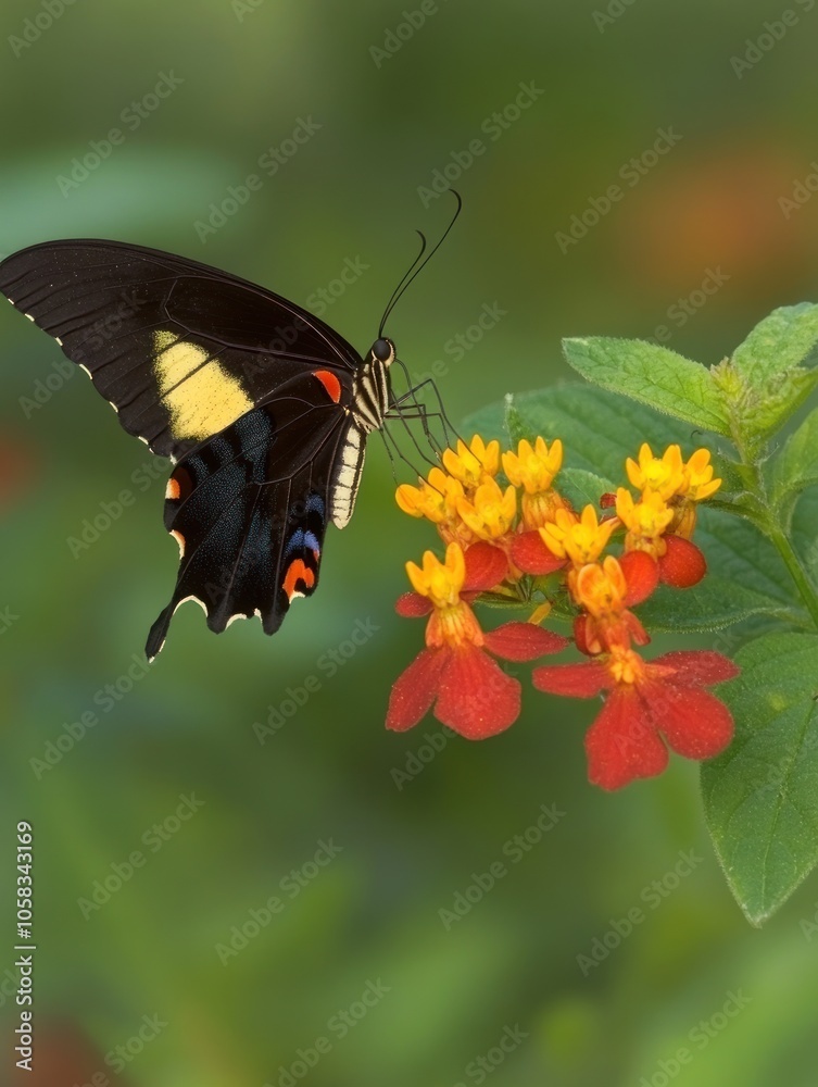 A butterfly perched on vibrant flowers in a lush green environment. A butterfly perched on vibrant flowers in a lush green environment.