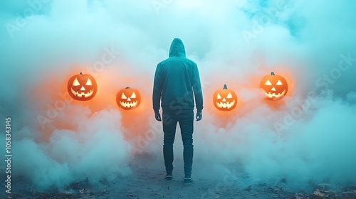 A spooky encounter a mysterious figure faces eerie jack-o'-lanterns amidst haunting fog on halloween night photo