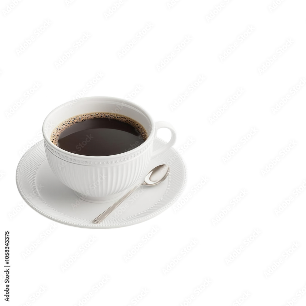 A simple white cup holds dark coffee, accompanied by a silver spoon, set against a clean, minimalist background. A simple white cup holds dark coffee, accompanied by a silver spoon, set against a clean, minimalist background.