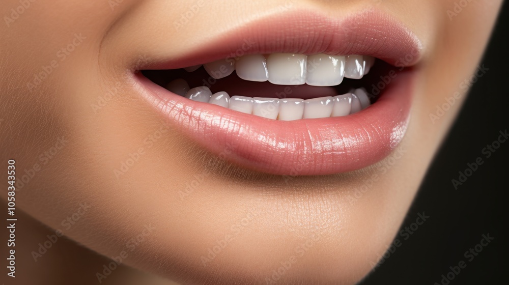 Close-up of a Smiling Woman with Beautiful White Teeth and Natural Makeup Look, Dark Background Close-up of a Smiling Woman with Beautiful White Teeth and Natural Makeup Look, Dark Background