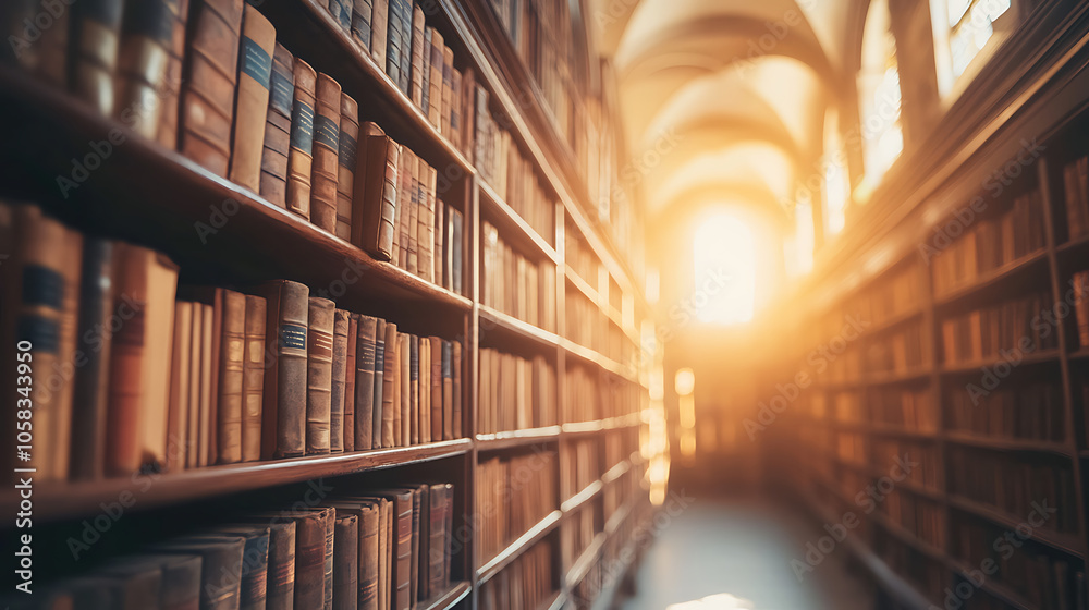 Ancient library with tall bookshelves, warm light creating serene atmosphere Ancient library with tall bookshelves, warm light creating serene atmosphere