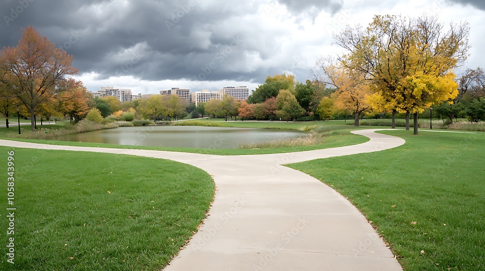 A scenic park pathway amidst vibrant autumn foliage and dramatic cloudy skies in an urban landscape A scenic park pathway amidst vibrant autumn foliage and dramatic cloudy skies in an urban landscape